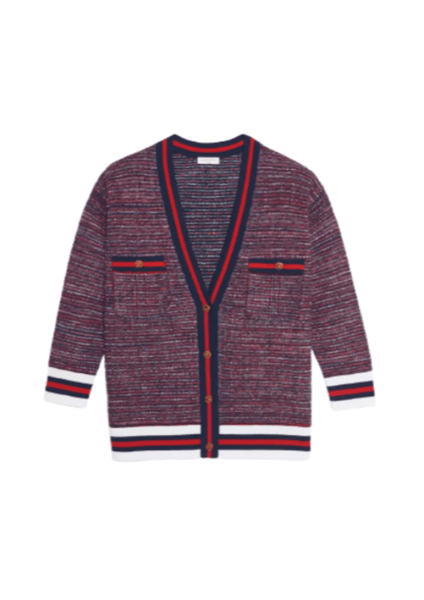 RED TWEED-EFFECT CARDIGAN Print Jacquard Patchwork