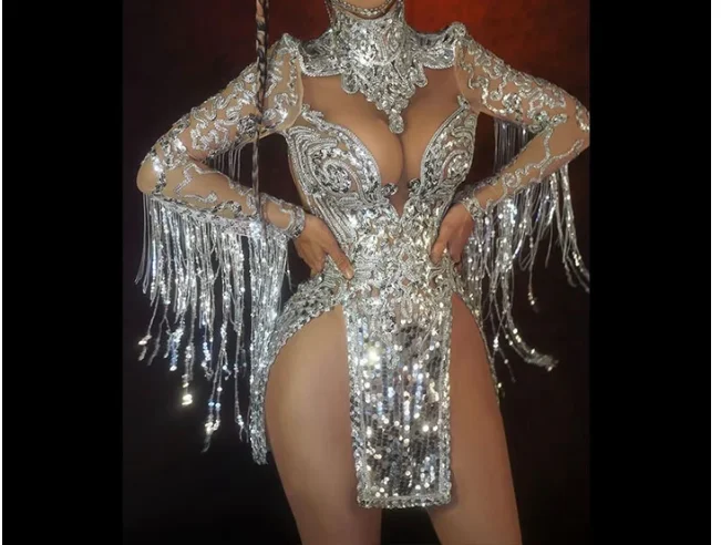 Shining Silver Sequins Fringes Dress Costume Sexy Party Dress c3140 Pencil Length Work Shining Silver Sequins Fringes Dress Costume Sexy Party Dress c3140 Pencil Length Work