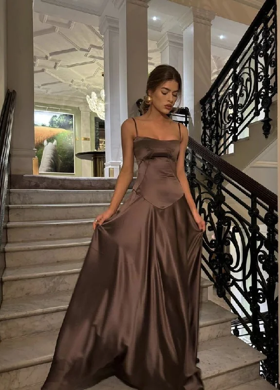 Elegant Brown Spaghetti Straps A-Line Satin Long Prom Party Dress DP3851 Tunics Yoga stretchy Elegant Brown Spaghetti Straps A-Line Satin Long Prom Party Dress DP3851 Tunics Yoga stretchy