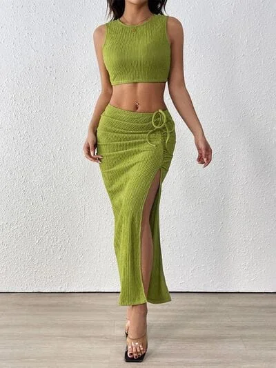 Perfee Texture Cropped Tank and Ruched Skirt Set basic tank top