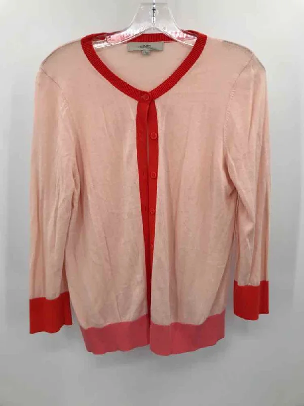 Pre-Owned Loft Pink Size Large Cardigan Sweater Houndstooth Herringbone Solid