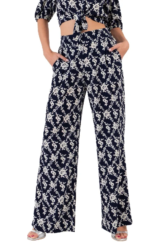 Navy Blue Floral Print Wide-Leg Pants Classic Cropped Pants