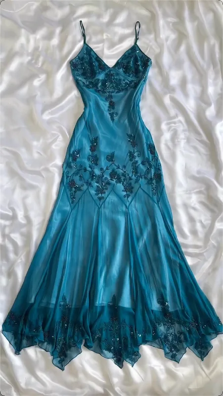 Elegant Blue Spaghetti Straps Beading Vintage Long Party Dress, DP3805 Peplum Ruffle Cocktail Elegant Blue Spaghetti Straps Beading Vintage Long Party Dress, DP3805 Peplum Ruffle Cocktail