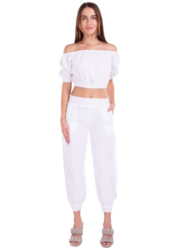 'Kinsley' Crochet Hem Side Slit Pants White Comfortable Fleece Pants