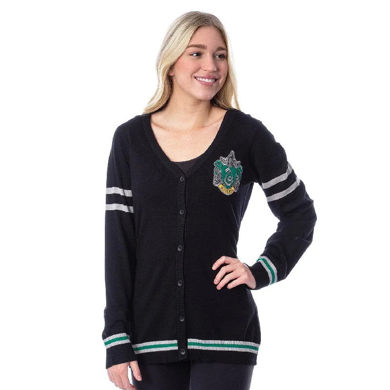 Harry Potter Womens' Slytherin House Open Front Cardigan Juniors Knit Sweater Denim Fabric Leather Fabric Suede Fabric