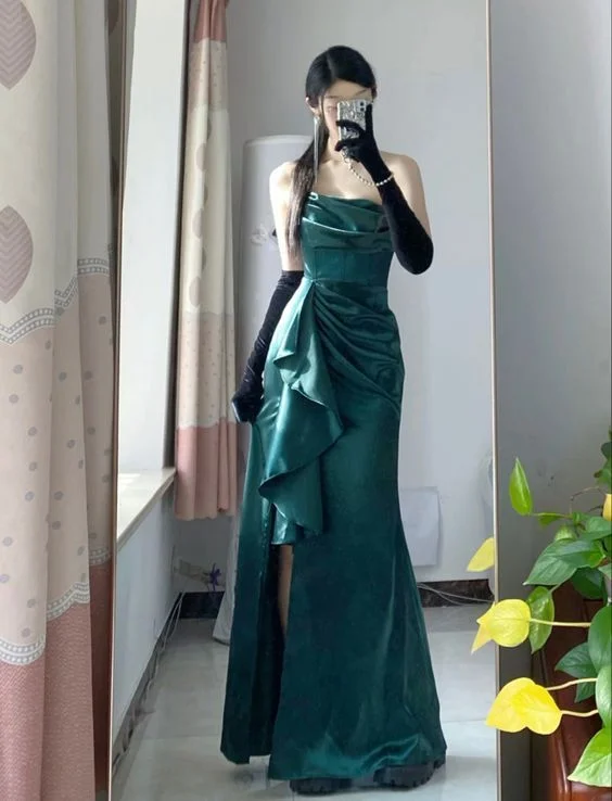 Green Strapless Ruffles Sheath Long Party Dress with Slit, DP3681 Tunics Formal black Green Strapless Ruffles Sheath Long Party Dress with Slit, DP3681 Tunics Formal black