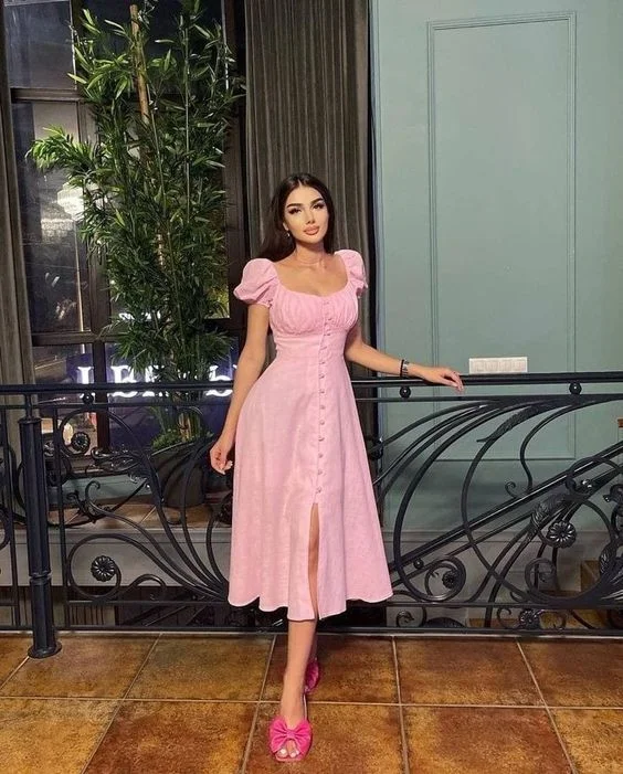 Vintage Pink Midi-length Party Dress cc887 Off-the-shoulder Bohemian Festive