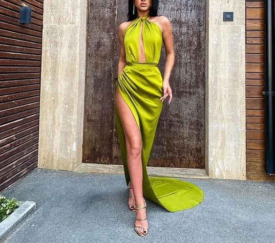 Sexy satin mermaid party dress featuring halter top with long side split C1012 Tunics Solid Classic Sexy satin mermaid party dress featuring halter top with long side split C1012 Tunics Solid Classic