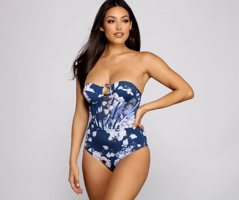 Floral Fusion Foiled One Piece Swimsuit High-Waist Bikini Set