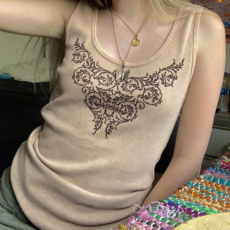 Printed Slim Fit Crew Neck Sleeveless Knit Tank Top ivory tank top