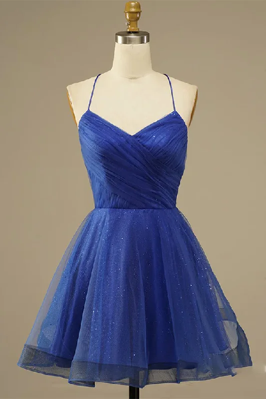 Royal Blue Mesh Net V-neck Homecoming Party Dress c3463 Tunics Seasonal trendy