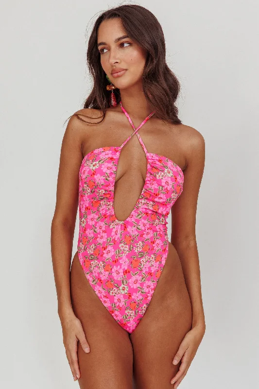 Theia Halterneck One Peice Swimsuit Pink Floral Shiny One-Piece Swimsuit