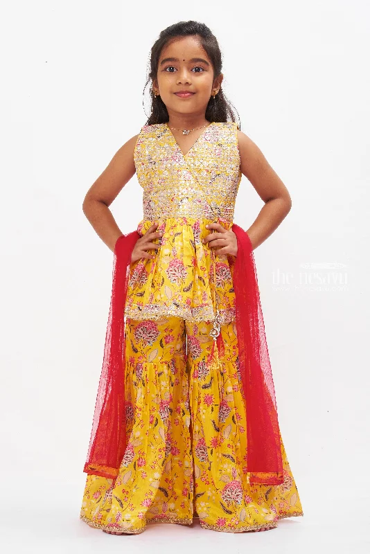 Sunshine Yellow Floral Kurti with Gharara Pant Set for Girls Chic Slim Fit Pants