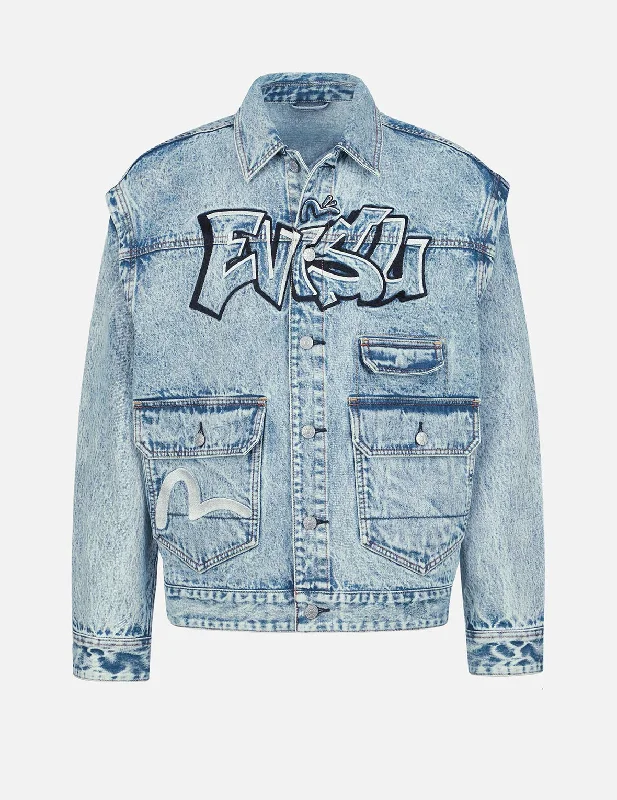 Graffiti Logo Embroidery Denim Jacket with Detachable Sleeves A-Line Jacket Boat Neck Shawl Collar Graffiti Logo Embroidery Denim Jacket with Detachable Sleeves A-Line Jacket Boat Neck Shawl Collar