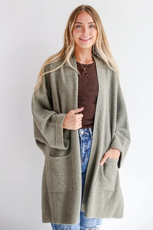 FINAL SALE - Cabin Cuteness Olive Oversized Cardigan Iron Safe Non-Iron Wrinkle Free