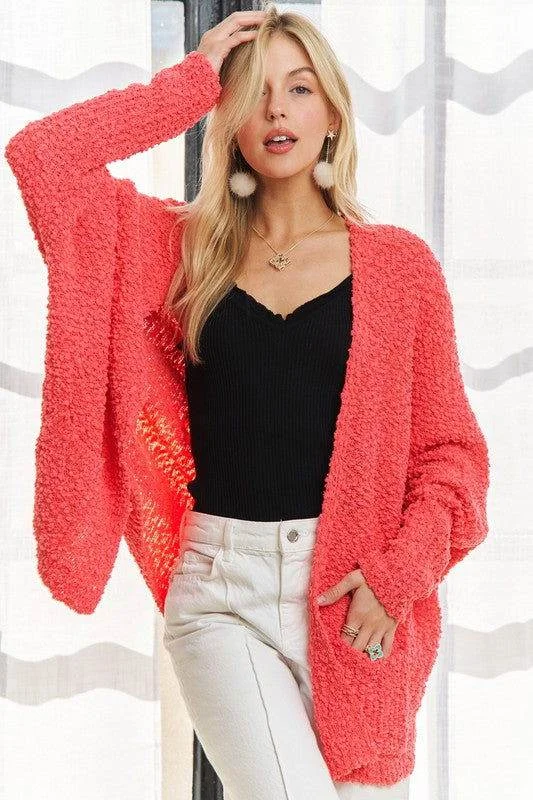 ADORA Popcorn Knit Open Front Long Sleeve Cardigan Crew Neck V-Neck Turtle Neck
