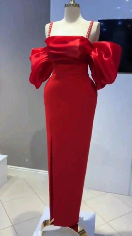 Red Straps Off Shoulder Sheath Satin Long Formal Party Dress, DP3707 Crew Neckline Sporty Red Straps Off Shoulder Sheath Satin Long Formal Party Dress, DP3707 Crew Neckline Sporty