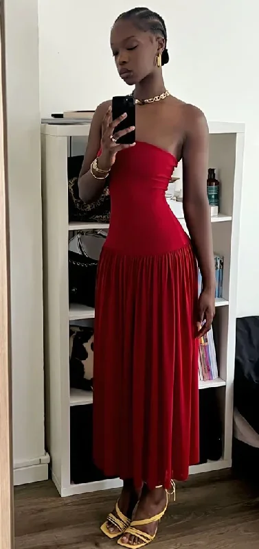 Charming Red Strapless A-Line Long Party Dress Wedding Guest Dress, DP3787 Tunics Distressed trendy Charming Red Strapless A-Line Long Party Dress Wedding Guest Dress, DP3787 Tunics Distressed trendy