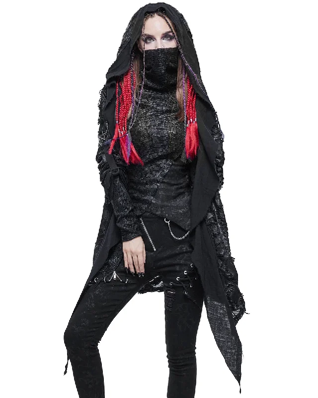 Devil Fashion Womens Gothic Punk Grunge Shredded Hooded Cloak Cardigan Black Seamless Knitted Crochet