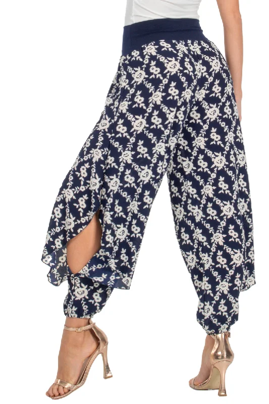 Navy Blue Floral Print Harem Pants With Slits Cozy Knit Pants