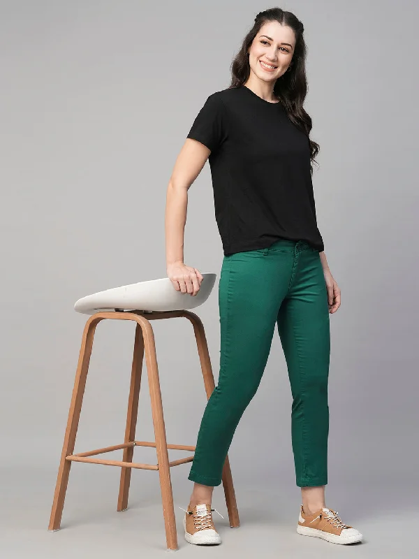 Women's Green Cotton Lycra Regular Fit Pant Cozy Fitted Pants