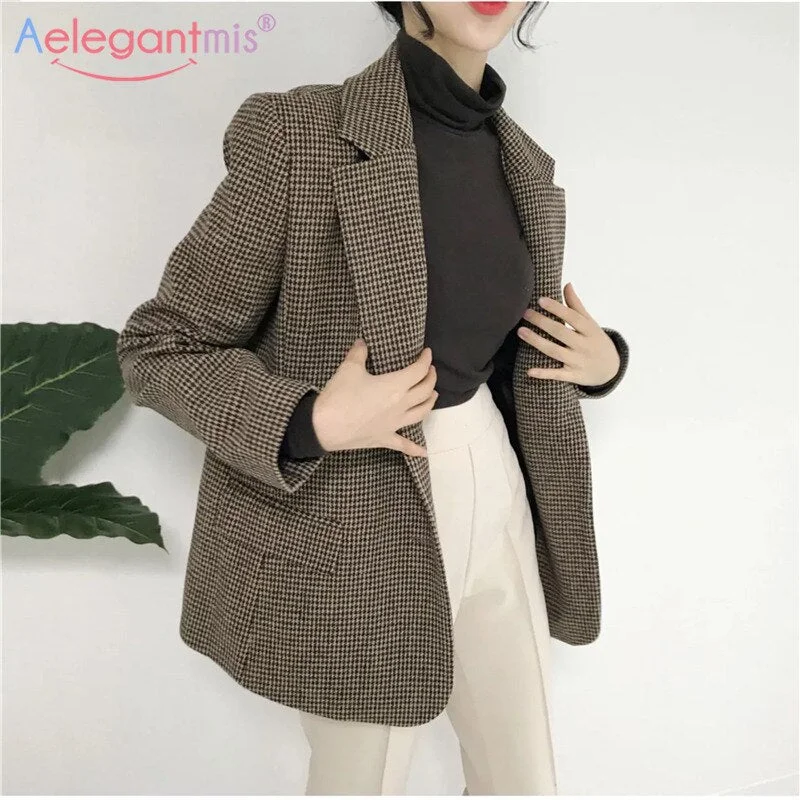 Aelegantmis Korean Casual Vintage Houndstooth Blazer Coat Women Office Lady Blazer Jacket Female Warm Retro Outwear Business OL Anorak Shell Jacket Lightweight Jacket Aelegantmis Korean Casual Vintage Houndstooth Blazer Coat Women Office Lady Blazer Jacket Female Warm Retro Outwear Business OL Anorak Shell Jacket Lightweight Jacket