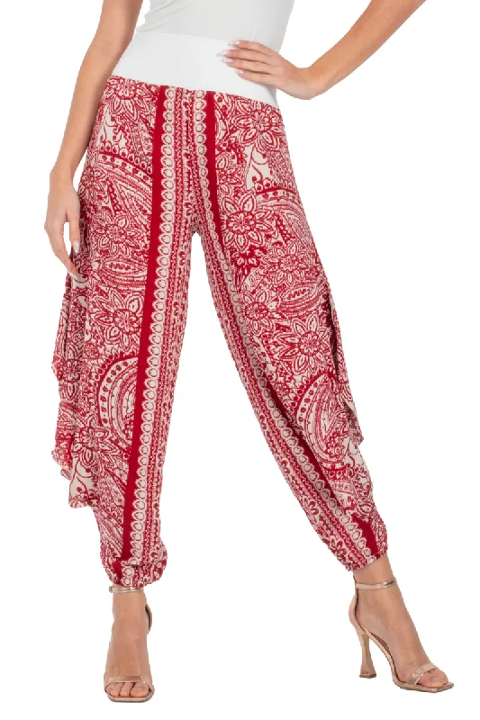 Red Mandala Paisley Print Harem Pants With Slits Casual Sweatpants Style