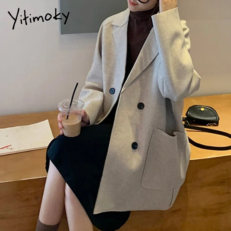 Yitimoky Blazers Woman Jacket Wool Blend Long Coat Casual 2022 Autumn Winter Double Breasted Solid Pockets Korean Style Satin Fabric Silk Fabric Chiffon Fabric Yitimoky Blazers Woman Jacket Wool Blend Long Coat Casual 2022 Autumn Winter Double Breasted Solid Pockets Korean Style Satin Fabric Silk Fabric Chiffon Fabric