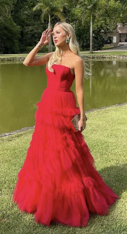 Elegant Strapless A-Line Tulle Red Long Evening Party Dress Prom Gown DP3922 High-Low Hemline Casual Elegant Strapless A-Line Tulle Red Long Evening Party Dress Prom Gown DP3922 High-Low Hemline Casual