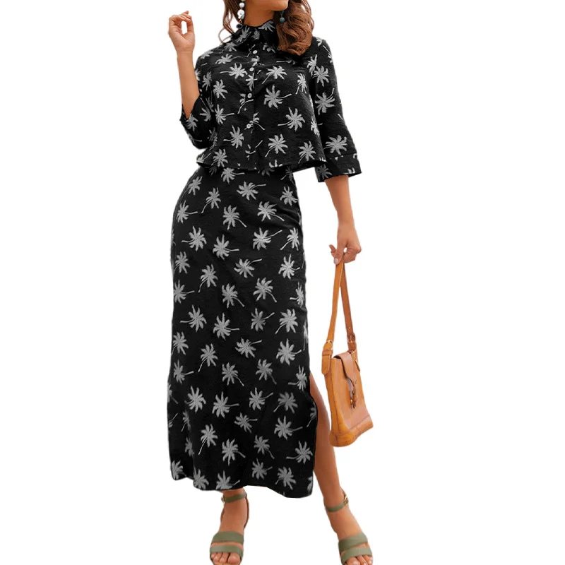Women Printed Lapel Long Sleeve Top And High Waist Slit Skirt Fashionable Casual Two-Piece Set velvet skirt plush Women Printed Lapel Long Sleeve Top And High Waist Slit Skirt Fashionable Casual Two-Piece Set velvet skirt plush