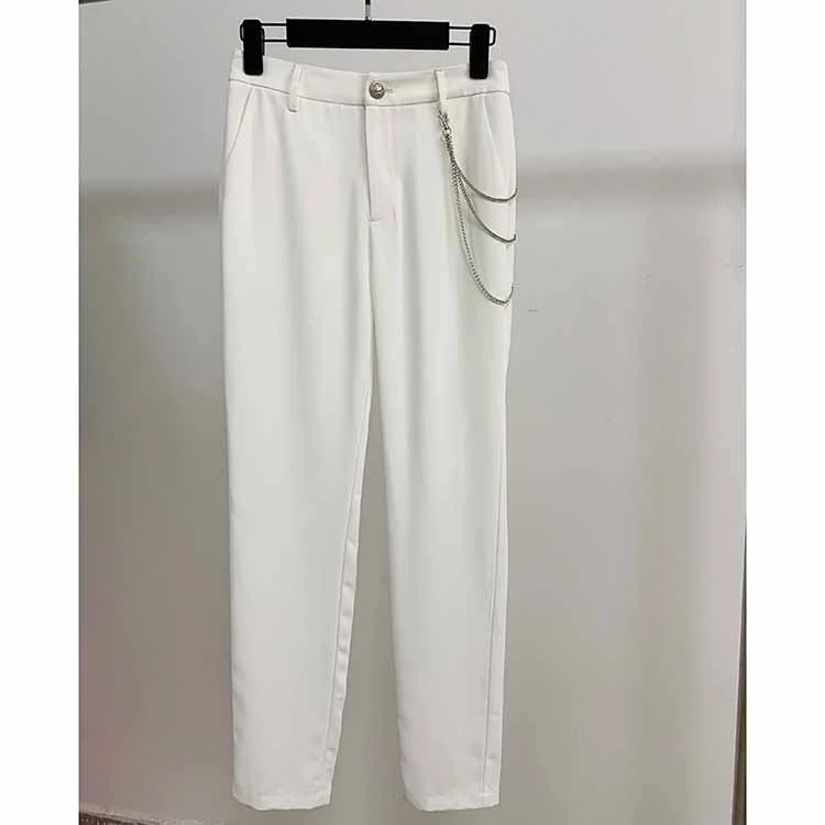 Women White Hight Waisted Formal Pants with Chain Pencil Pants Cozy Lounge Pants