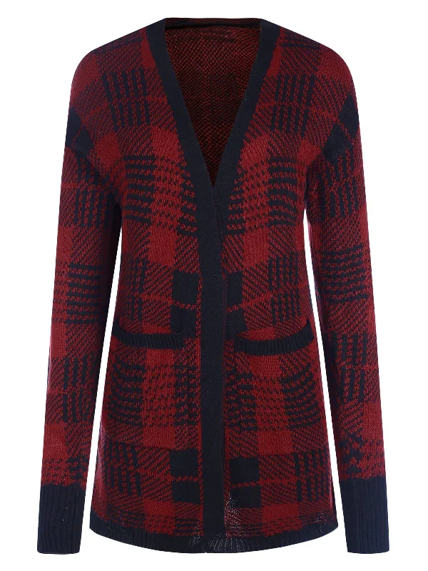 Red 1950s Pockets Plaid Knitted Cardigan Beaded Cardigan Sequined Faux Fur