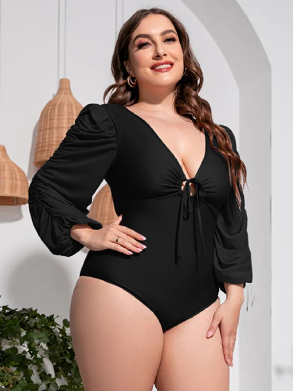 Plus Size Tied Deep V Balloon Sleeve One-Piece Swimsuit High-Waisted Swimwear