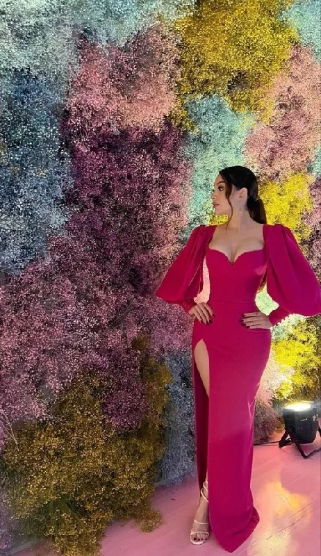 Elegant Fuchsia Sweetheart Long Sleeves Evening Dress Formal Party Dress, DP3827 Tunics Trendy modern Elegant Fuchsia Sweetheart Long Sleeves Evening Dress Formal Party Dress, DP3827 Tunics Trendy modern