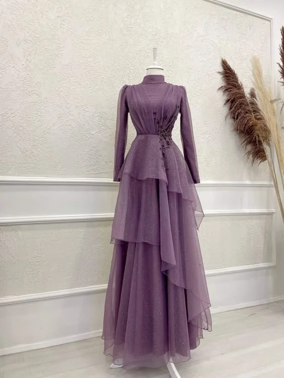 Elegant Purple High Neck Long Sleeves A-Line Formal Party Dress, DP3689 Tunics Chinos classic Elegant Purple High Neck Long Sleeves A-Line Formal Party Dress, DP3689 Tunics Chinos classic