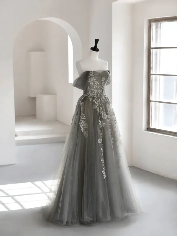 Grey Off Shoulder A-Line Tulle Appliques Long Formal Party Dress, DP3613 Tunics Distressed trendy Grey Off Shoulder A-Line Tulle Appliques Long Formal Party Dress, DP3613 Tunics Distressed trendy