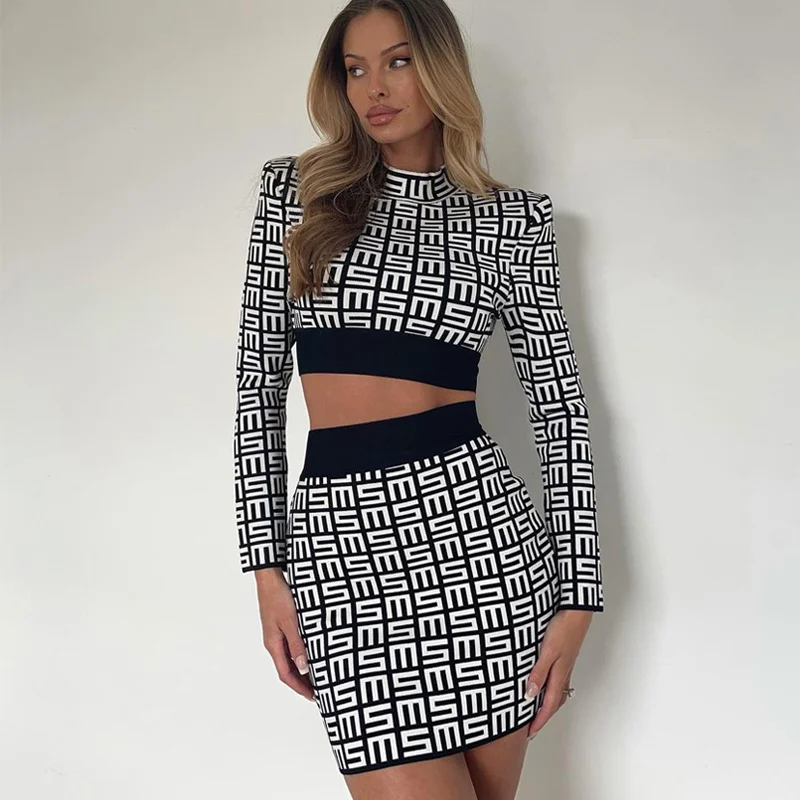 Women'S Fashion Graphic Print Stand Collar Long-Sleeved Cropped Tops Slim Fit Skirt Sets lightweight skirt design Women'S Fashion Graphic Print Stand Collar Long-Sleeved Cropped Tops Slim Fit Skirt Sets lightweight skirt design