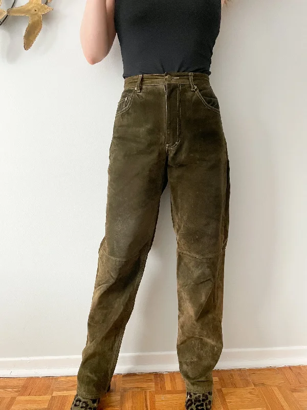 Per Suede Olive Green Genuine Suede Leather High Rise Barrel Pants - Size 28 High-Waist Yoga Pants