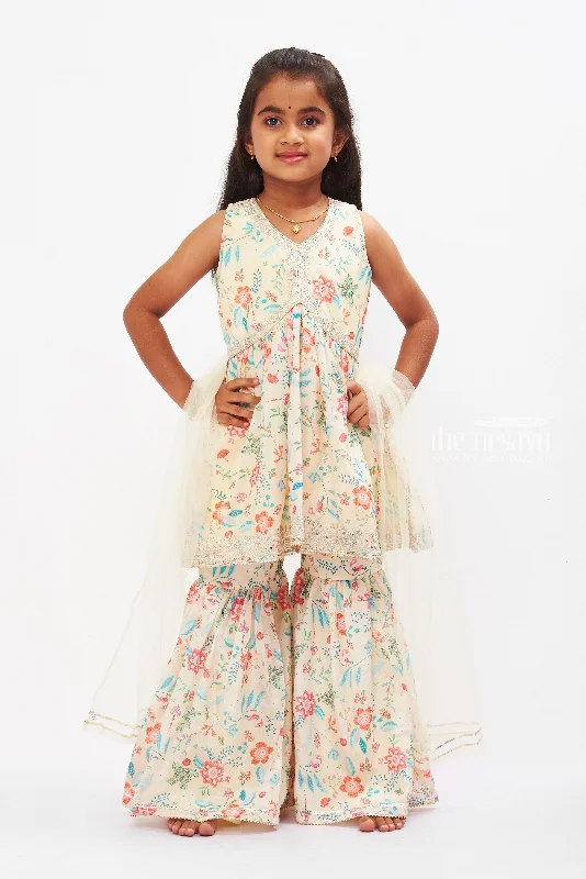 Girls Aliacut Floral Kurti with Sharara Pant Set - Pastel Elegance Collection Classic Straight Pants