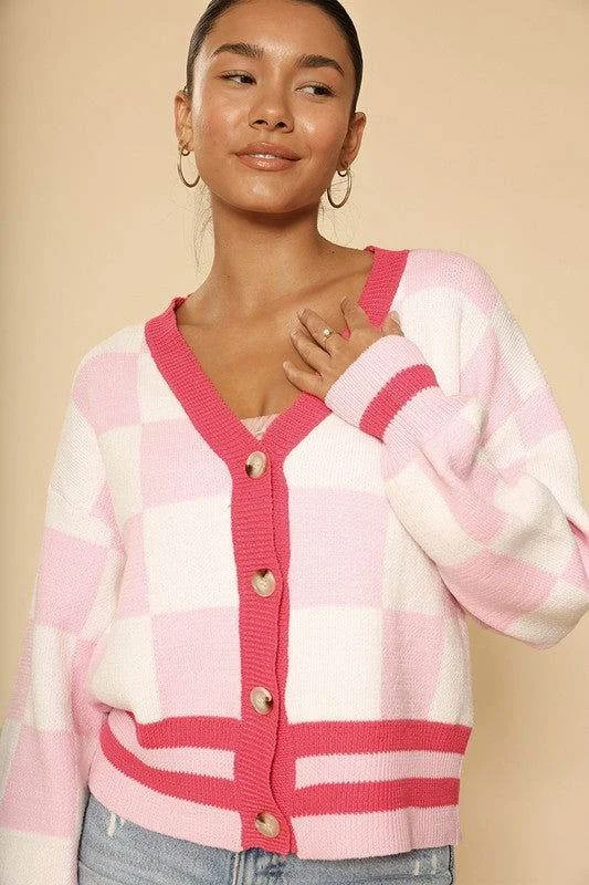 Checkered knit cardigan Fleece Cardigan Nylon Polyester