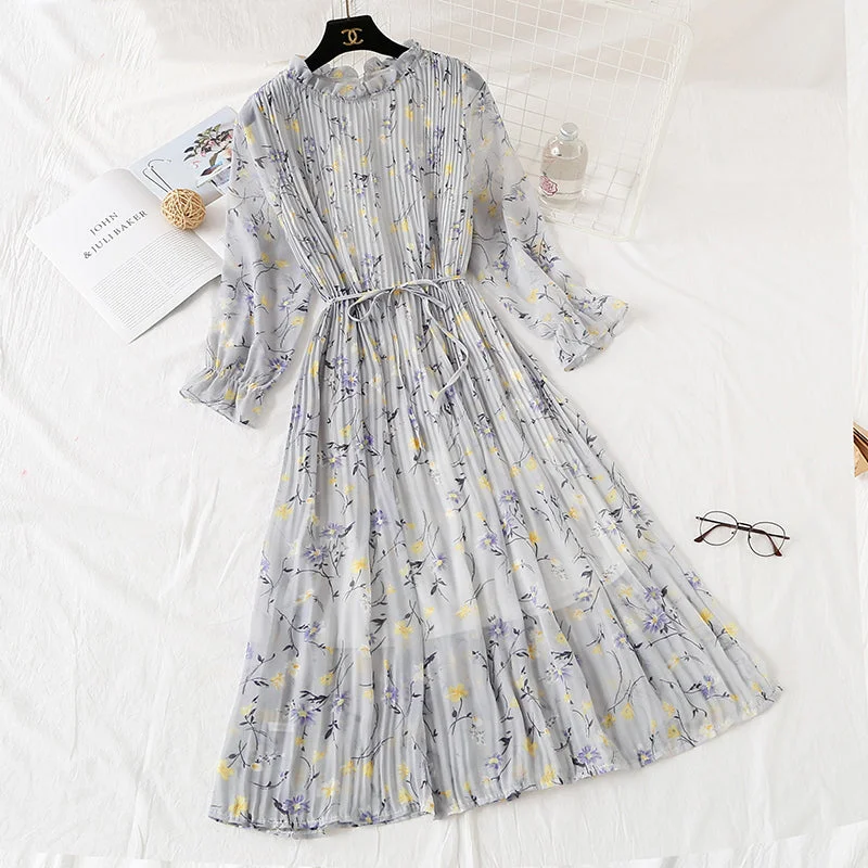 Long sleeved Pleated Chiffon Skirt loose and thin, retro knee length skirt  2346 pleated skirt texture