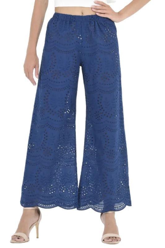 Dark Blue Eyelet Embroidery Wide Leg Pants Stylish Slim Trousers