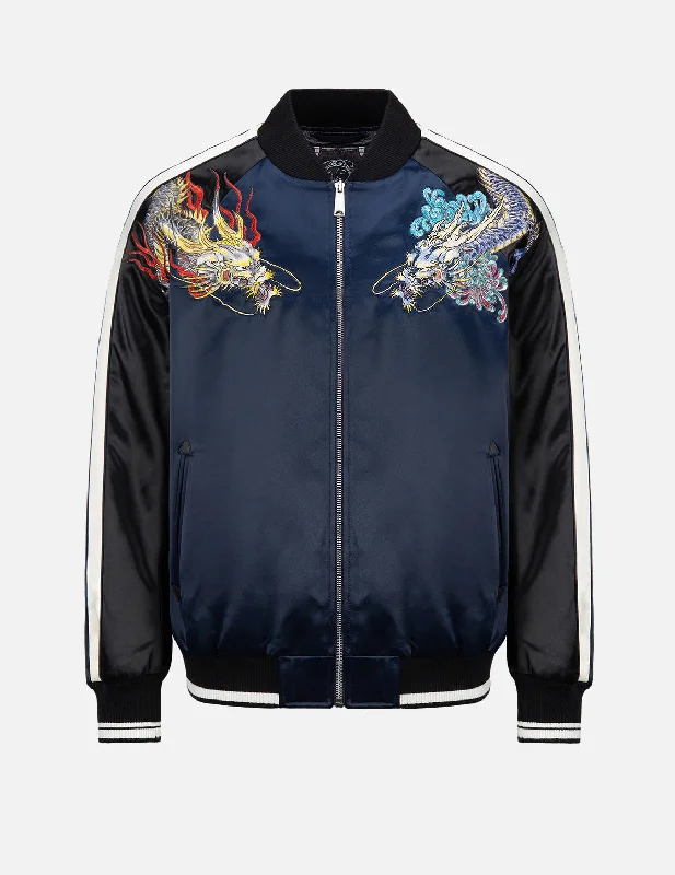 Dragon Embroidery Satin Padded Souvenir Jacket Front Pockets Side Pockets Patch Pockets Dragon Embroidery Satin Padded Souvenir Jacket Front Pockets Side Pockets Patch Pockets