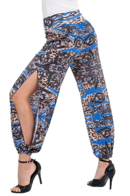 Blue Abstract Animal Print Babucha Tango Pants With Slits Trendy Printed Pants