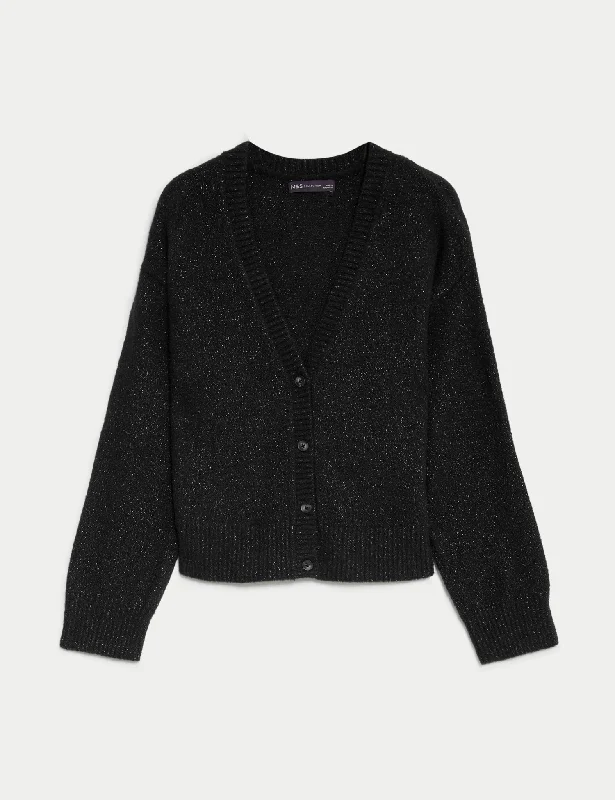 Sparkly V-Neck Button Through Cardigan Striped Floral Plaid