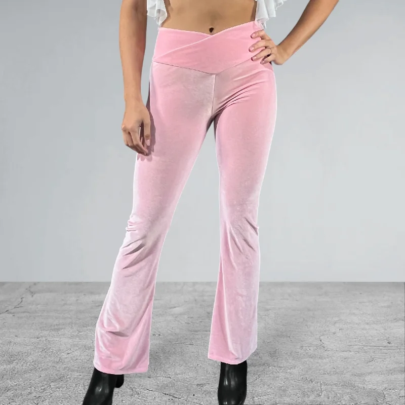 Crossover V-Waist Bootcut Flare Pants - Light Pink Velvet Classic Bootcut Trousers