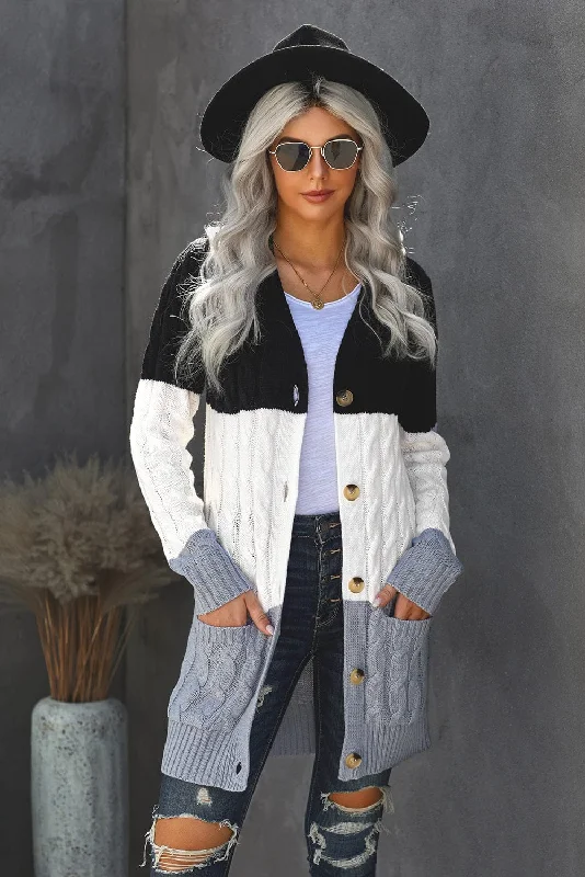 Block Color Cable Knit Cardigan Cotton Fabric Linen Fabric Terry Fabric