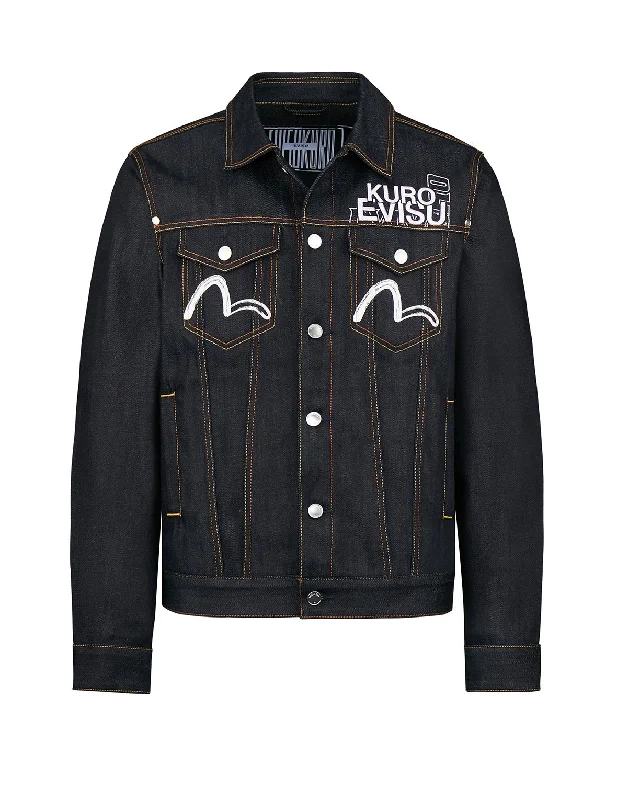 Calligraphy Print Denim Jacket Zippered Front Buttoned Front Snap Front