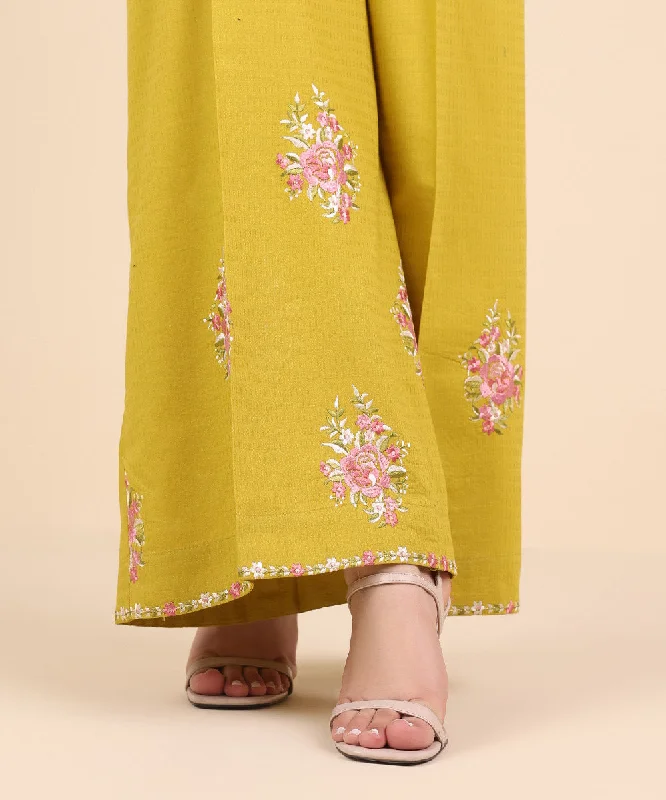Embroidered Dobby Flared Pants Cozy Fitted Pants