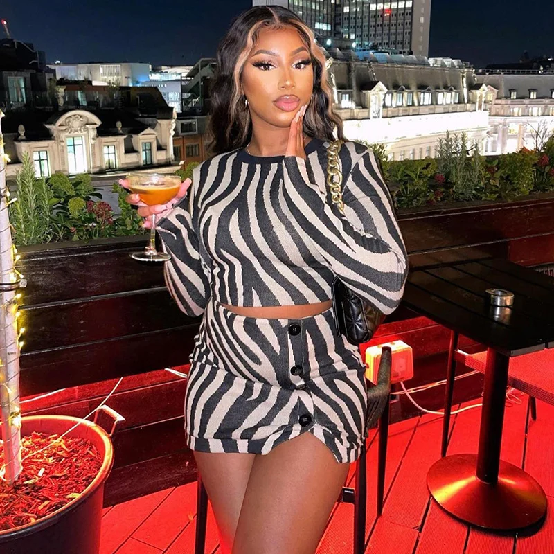 Women Zebra Print Round Neck Long Sleeve Top And High Waist Skirt Stylish Two-Piece Set corduroy skirt durable Women Zebra Print Round Neck Long Sleeve Top And High Waist Skirt Stylish Two-Piece Set corduroy skirt durable